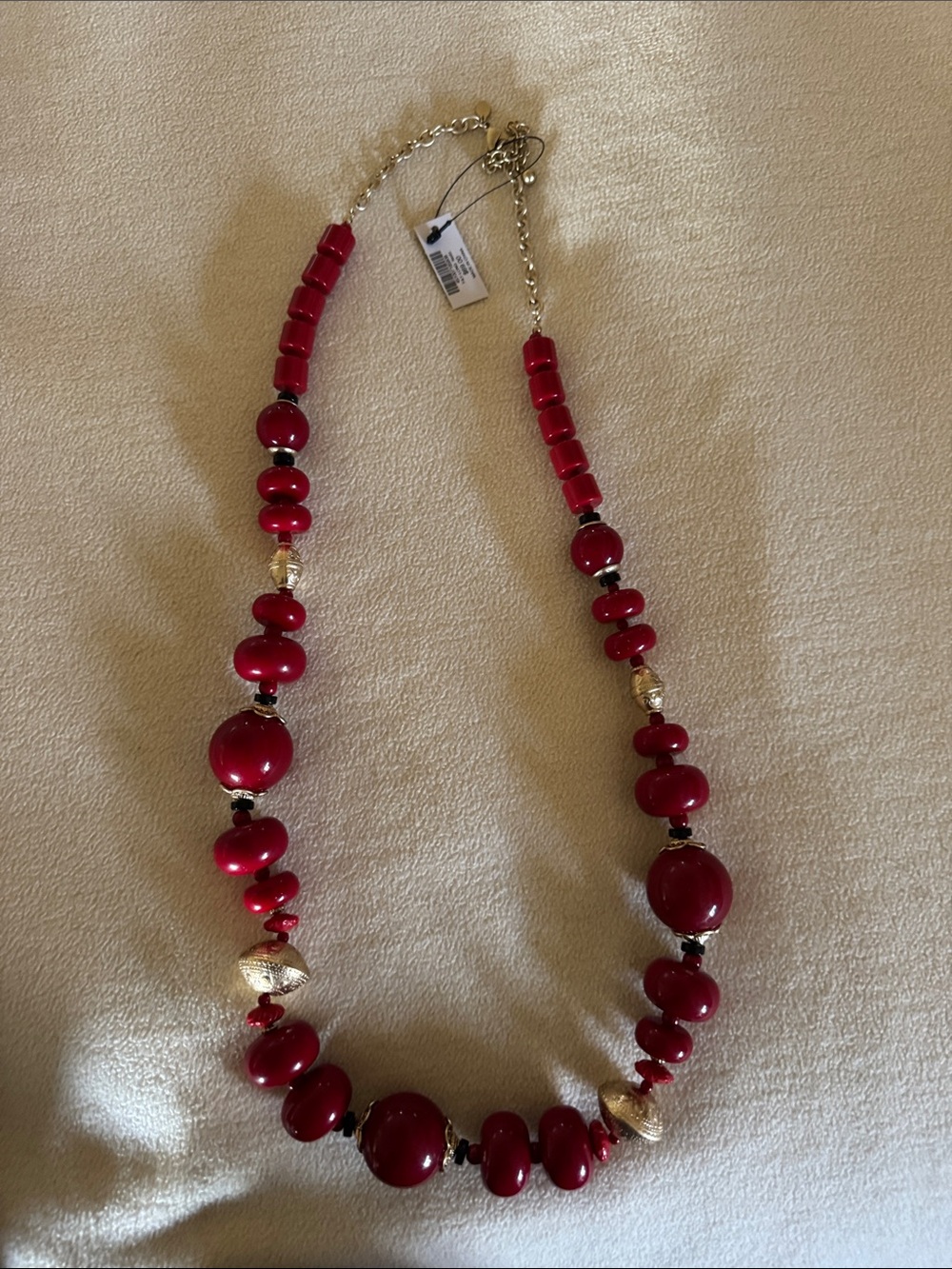 Chico's Red Beaded Statement Necklace with Gold Accents